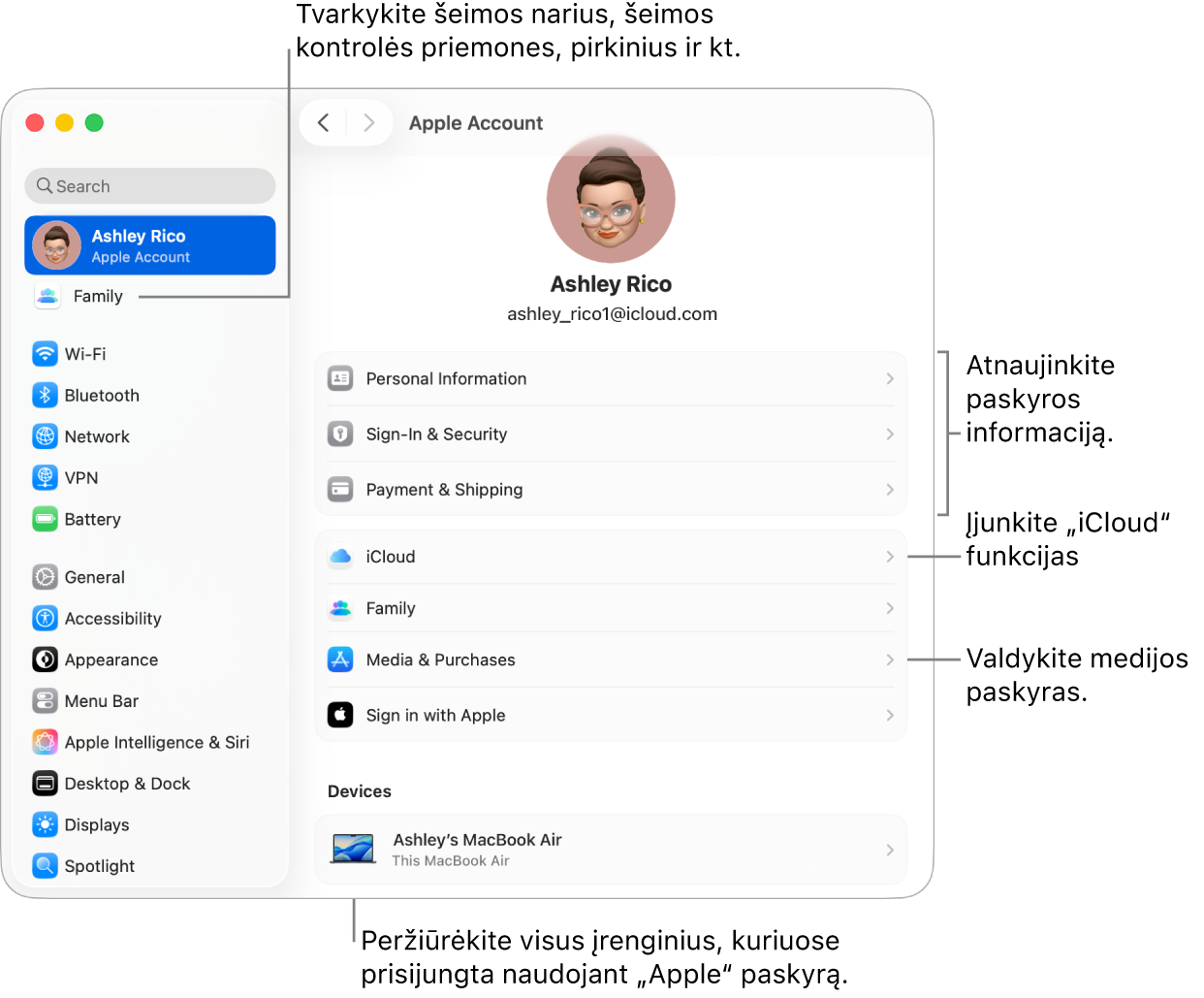 Skiltyje „System Settings“ (sistemos nustatymai) pateikiami „Apple“ paskyros nustatymai su nuorodomis į parinktis, skirtas atnaujinti paskyros informaciją, įjungti arba išjungti „iCloud“ funkcijas, tvarkyti medijos paskyras, ir koreguoti šeimos nustatymus (tvarkyti šeimos narius, tėvų kontrolę, pirkinius ir kt.).