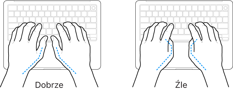 Dłonie umieszczone nad klawiaturą; ilustracja pokazuje prawidłowe i nieprawidłowe ustawienie kciuków.
