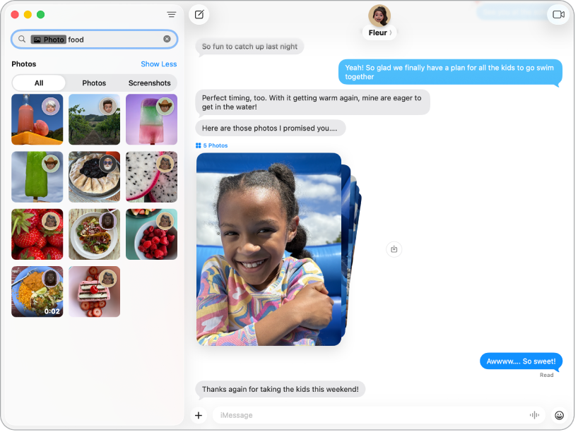 Janela do app Mensagens mostrando resultados de busca à esquerda e uma conversa à direita.