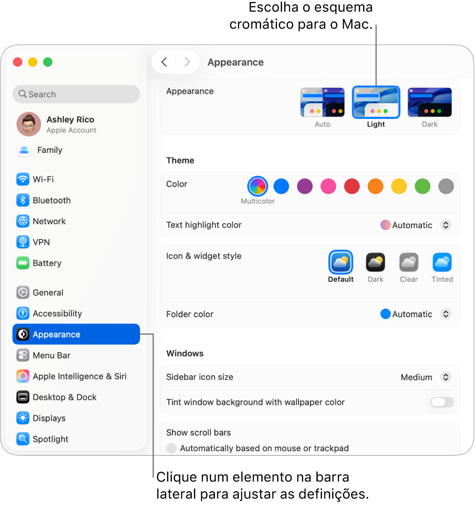 A janela Definições do Sistema.