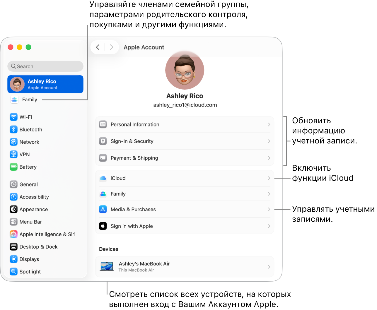 Настройки Аккаунта Apple в Системных настройках. Выносками показаны параметры обновления сведений учетной записи, включения или выключения функций iCloud и управления настройками учетных записей для мультимедиа. В разделе Семейного доступа показаны параметры для настройки устройств членов семьи, родительского контроля, покупок и другие.