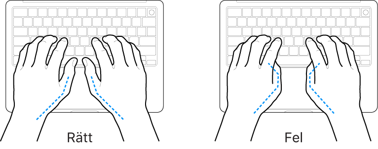 Tangentbord med händer som visar rätt och felaktig placering av tummarna.