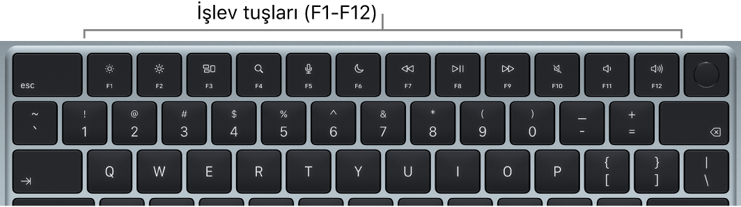 İşlev tuşlarının en üst sırasını gösteren MacBook Air klavyesi.