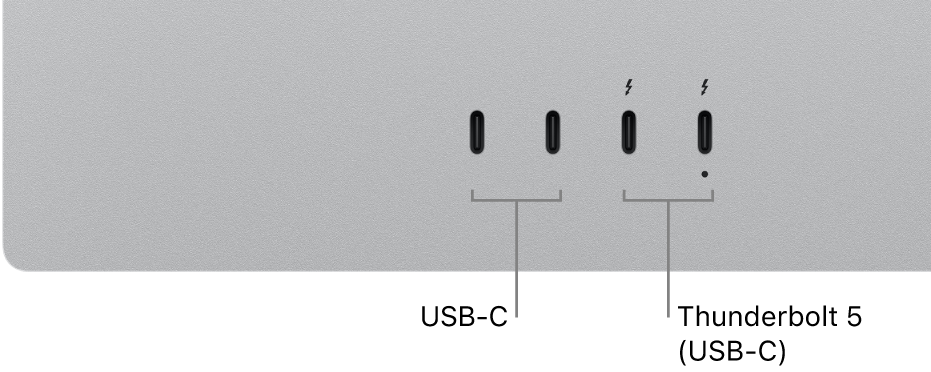Близък план на гърба на Studio Display XDR, показващ два USB-C порта и два Thunderbolt 5 (USB-C) порта.