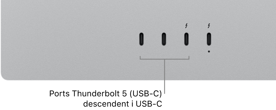 Els ports Thunderbolt i USB‑C descendents de la pantalla Studio Display XDR.