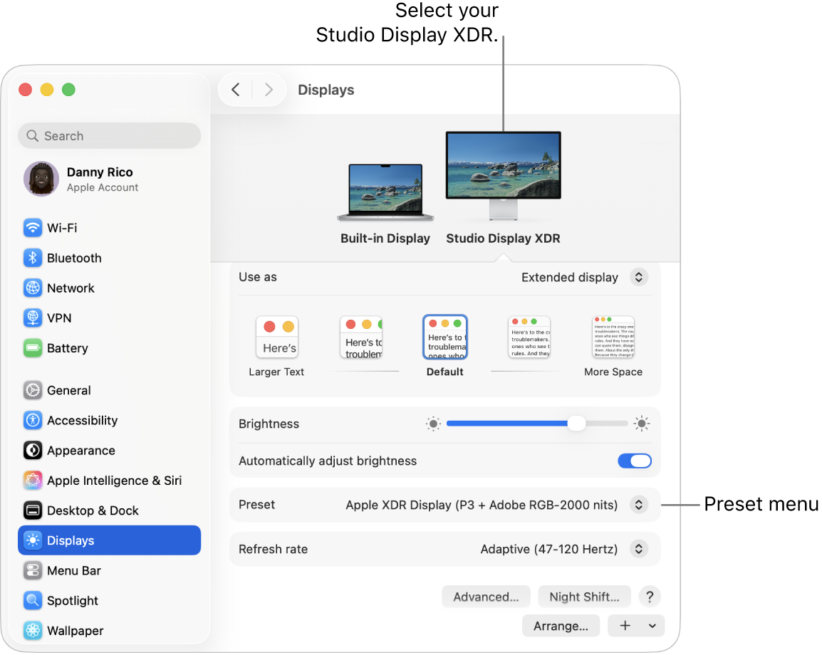 The macOS display settings for Studio Display XDR showing the Preset menu.