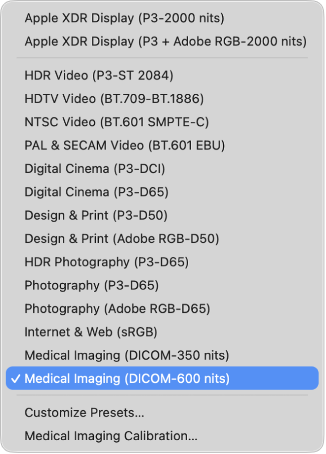 The Preset menu in macOS Display settings with an emphasis on the two Medical Imaging presets.