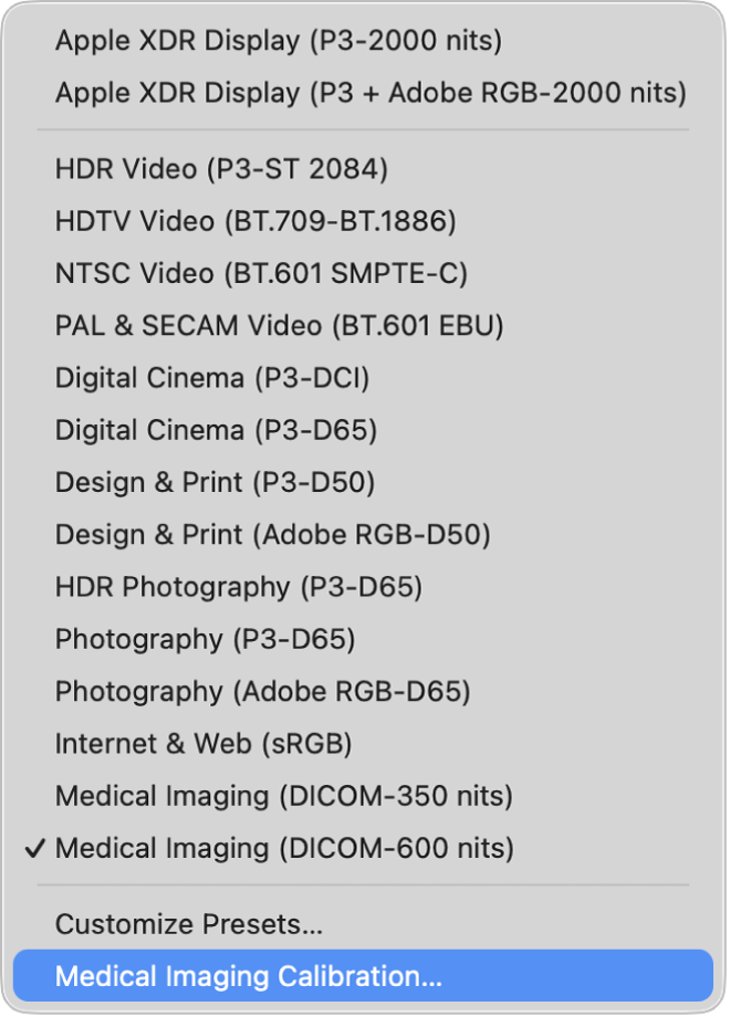 The Preset menu in macOS Display settings, showing Medical Imaging Calibration.