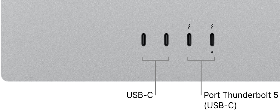 Gros plan de l’arrière du Studio Display XDR montrant deux ports USB-C et deux ports Thunderbolt 5 (USB-C).