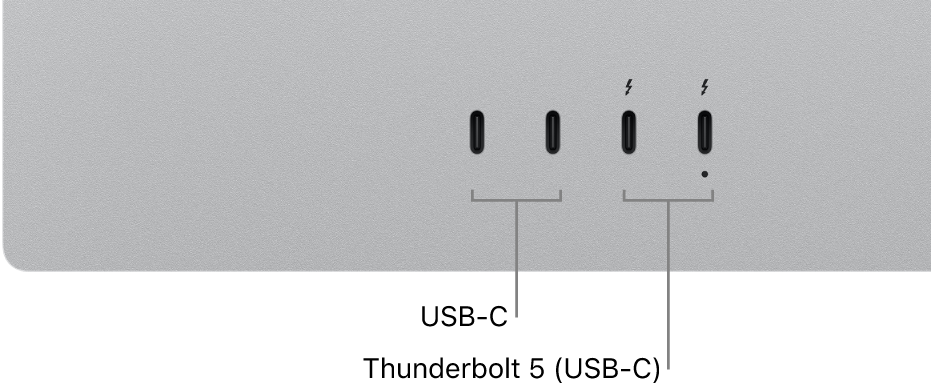 צילום תקריב של החלק האחורי של ה-Studio Display XDR המציג שתי יציאות USB-C ושתי יציאות Thunderbolt 5 ‏(USB-C).