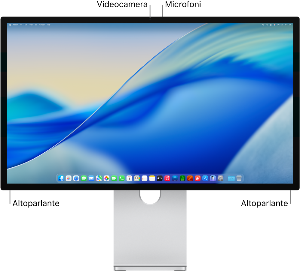 Vista frontale di Studio Display XDR che mostra lo schermo, la fotocamera, i microfoni e gli altoparlanti.