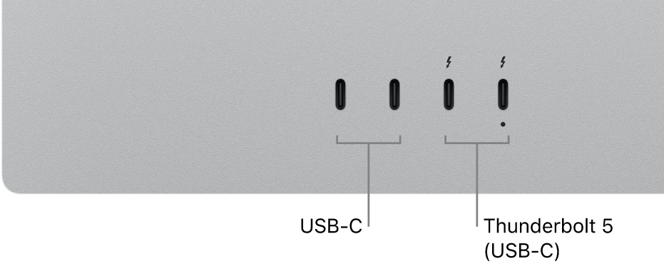 두 개의 USB-C 포트 및 두 개의 Thunderbolt 5(USB-C) 포트를 표시하는 Studio Display XDR의 후면 클로즈업.