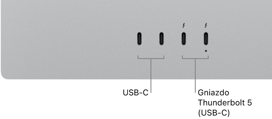 Zbliżenie tyłu obudowy Studio Display XDR z widocznymi dwoma gniazdami USB‑C oraz dwoma gniazdami Thunderbolt 5 (USB‑C).