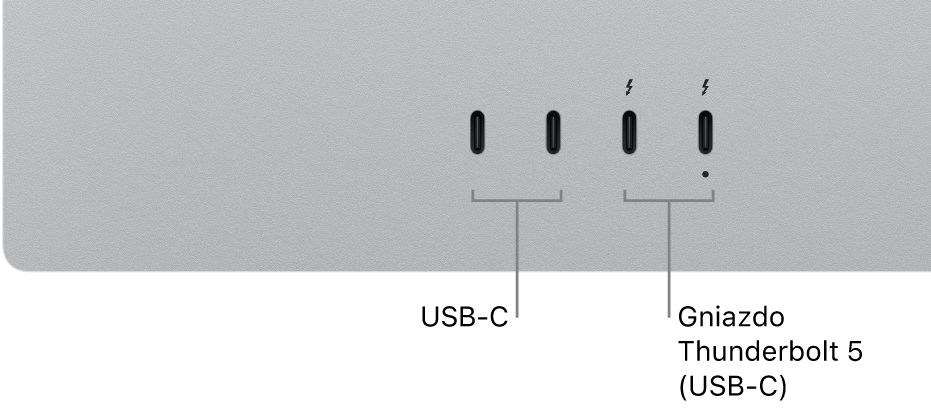 Zbliżenie tyłu obudowy Studio Display XDR z widocznymi dwoma gniazdami USB‑C oraz dwoma gniazdami Thunderbolt 5 (USB‑C).