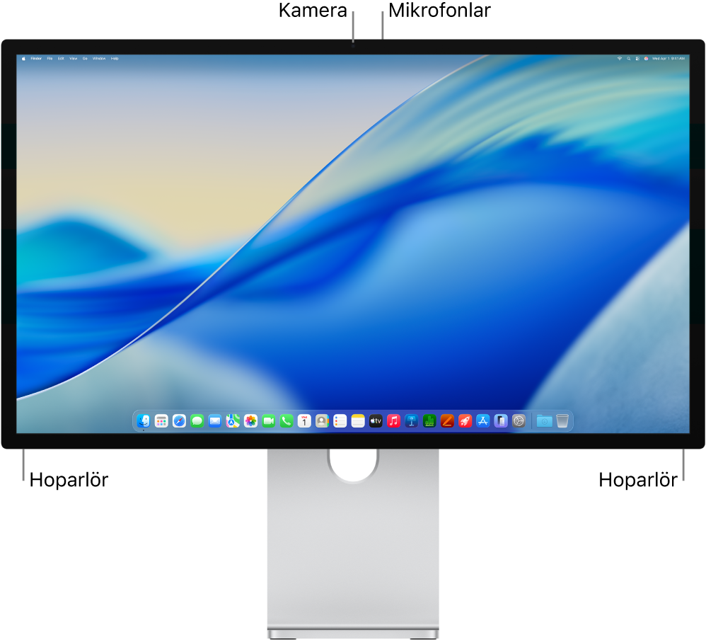 Studio Display XDR’ın ekran, kamera, mikrofonlar ve hoparlörleri gösteren önden görünümü.