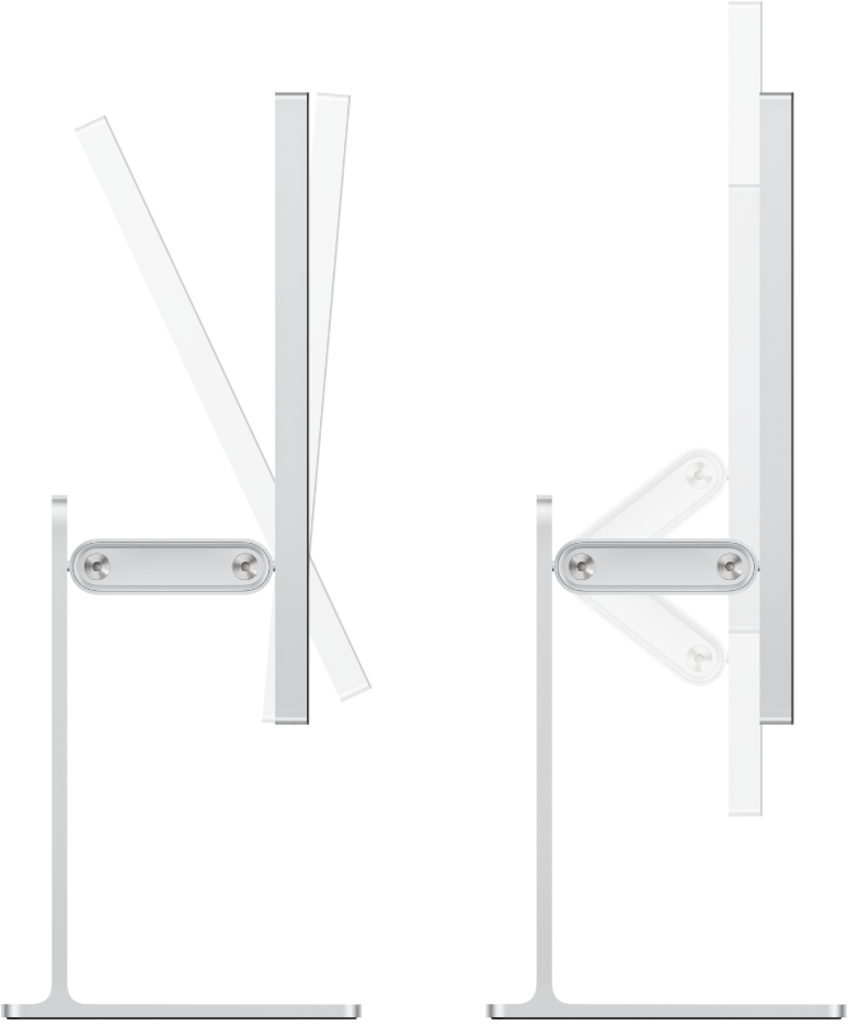 Góc nhìn từ bên cạnh của Studio Display XDR đang hiển thị chân đế có thể điều chỉnh góc nghiêng và chiều cao.