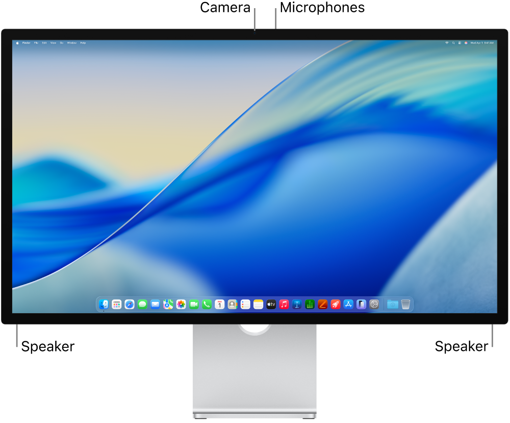 Front view of Studio Display showing the display, camera, microphones, and speakers.