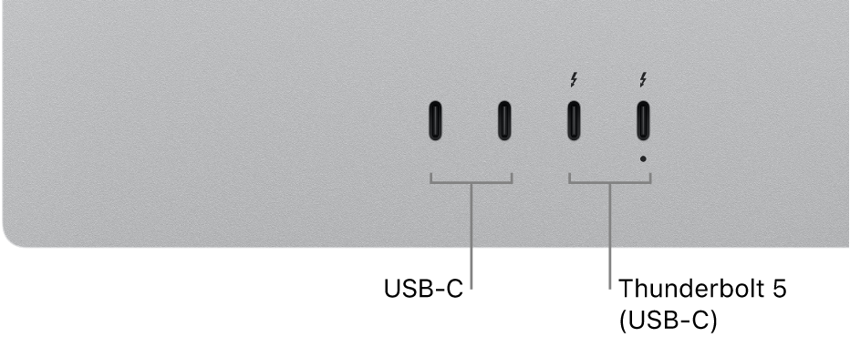 A close-up of the back of Studio Display showing two USB-C ports and two Thunderbolt 5 (USB-C) ports.