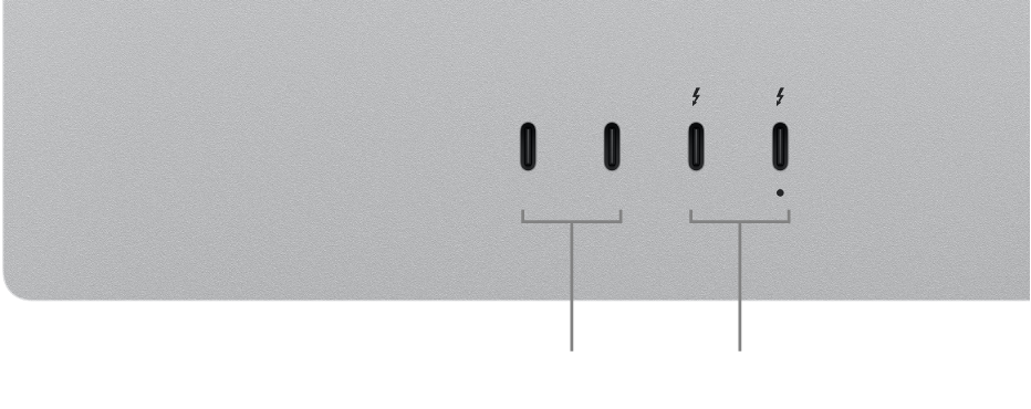 A close-up of the back of Studio Display showing two USB-C ports and two Thunderbolt 5 (USB-C) ports.