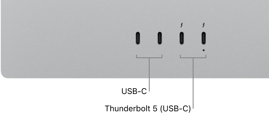 צילום תקריב של החלק האחורי של ה-Studio Display המציג שתי יציאות USB-C ושתי יציאות Thunderbolt 5 ‏(USB-C).