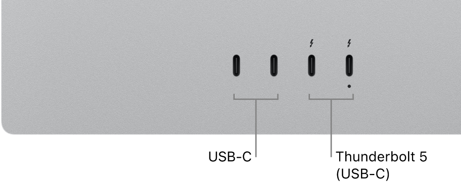 Studio Display tuvskats ar diviem USB-C portiem un diviem Thunderbolt 5 (USB-C) portiem.