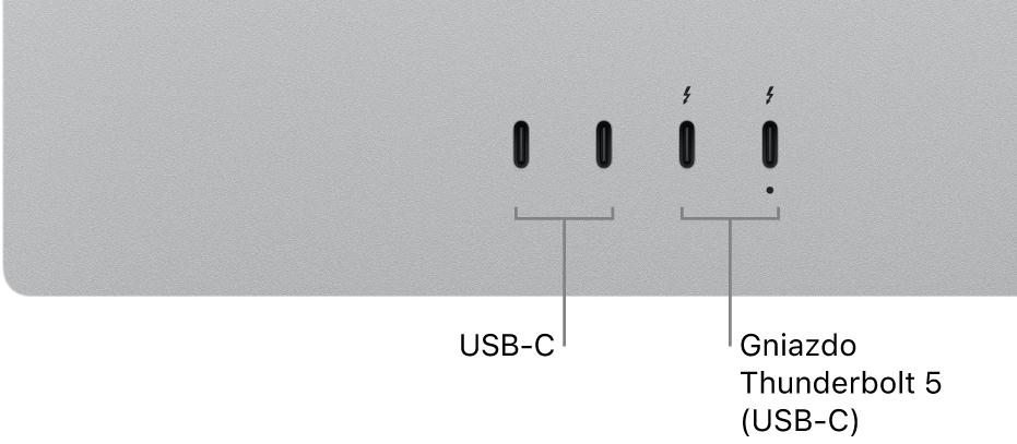 Zbliżenie tyłu obudowy Studio Display z widocznymi dwoma gniazdami USB‑C oraz dwoma gniazdami Thunderbolt 5 (USB‑C).