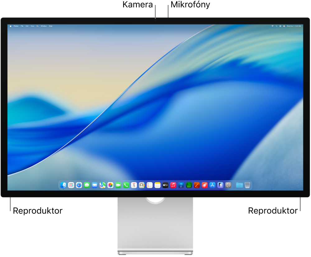 Predná strana monitora Studio Display s monitorom, kamerou, mikrofónmi a reproduktormi.