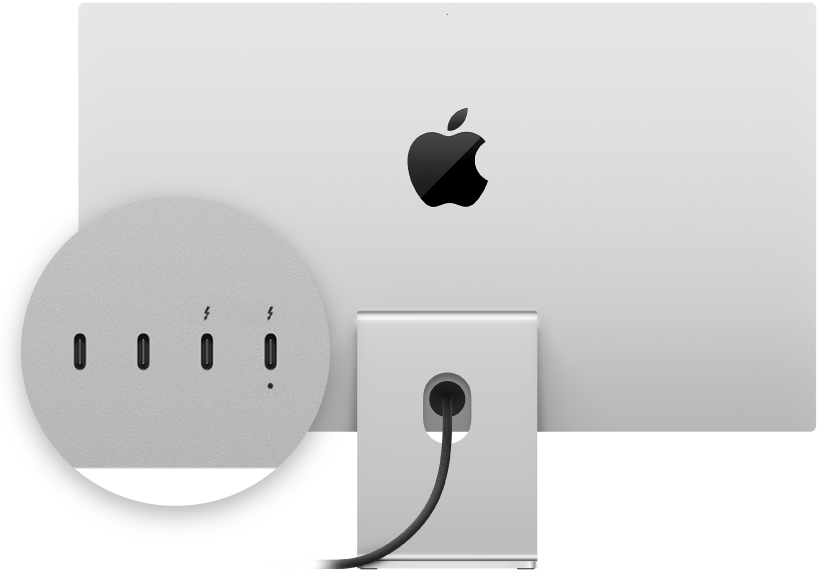 มุมมองด้านหลังของ Apple Studio Display ที่มีภาพระยะใกล้ของพอร์ต