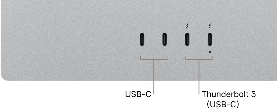 Studio Display 背面的特寫，顯示兩個 USB-C 埠和兩個 Thunderbolt 5（USB-C）埠。
