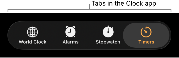 The tab bar in the Clock app, showing tabs for World Clock, Alarms, Stopwatch, and Timers.