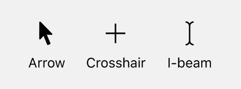 Example of three pointers in macOS: Arrow, crosshair, and I-beam