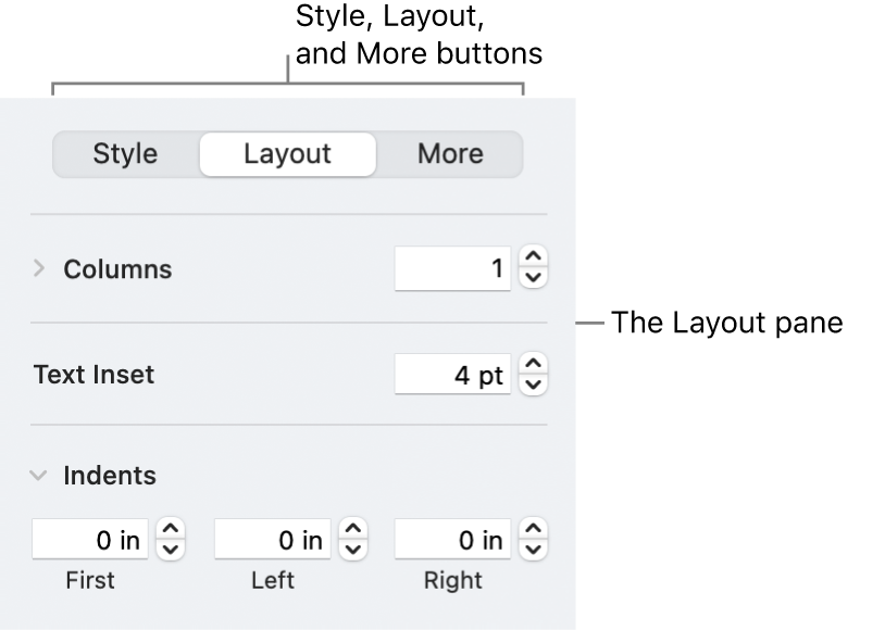 Portion of the Pages sidebar showing three tabs at the top: Style, Layout, and More. The Layout pane is selected.