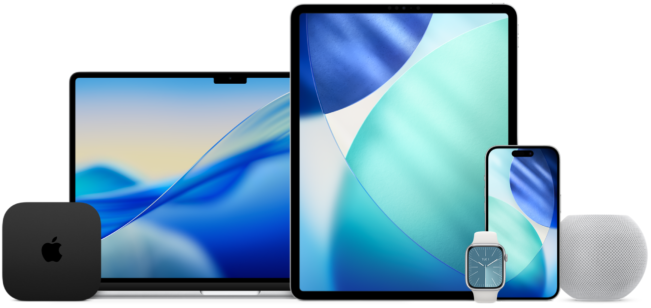A group of Apple products, including MacBook Air, iPhone, iPad, Apple Watch, HomePod mini, and Apple TV.