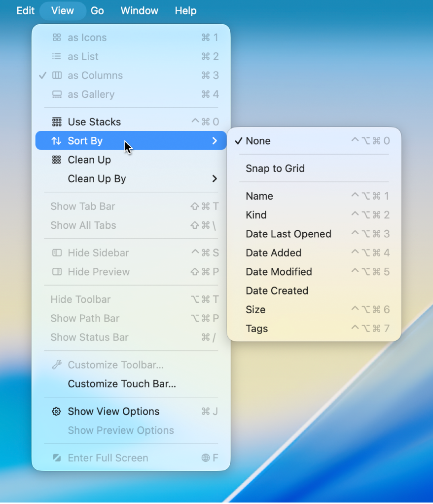 View menu with the Sort By submenu open.