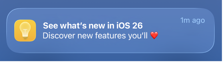 A Tips notification that says “Discover new features you’ll [heart]” with no punctuation at the end.