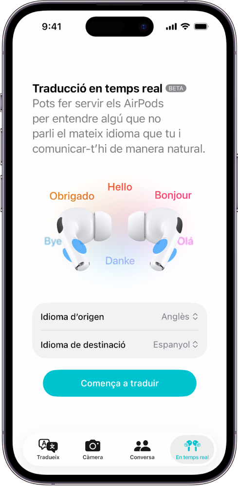A l’app Traducció de l’iPhone es mostra la pantalla de traducció en temps real. A la pantalla es mostren dos menús desplegables per seleccionar l’idioma de l’altra persona i el teu idioma, i un botó per iniciar la traducció en temps real.