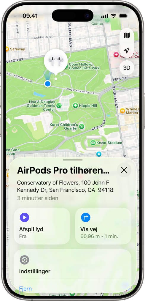 En skærm fra appen Find på iPhone. Lokaliteten af AirPods Pro vises på et kort over San Francisco med en anført adresse og mulighederne Afspil lyd, Vejvisning og Indstillinger.