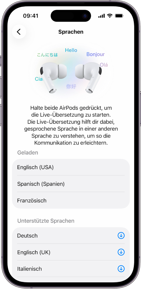 Der Bildschirm „Sprachen“ in den Übersetzungseinstellungen der AirPods zeigt eine Liste mit geladenen und unterstützten Sprachen.
