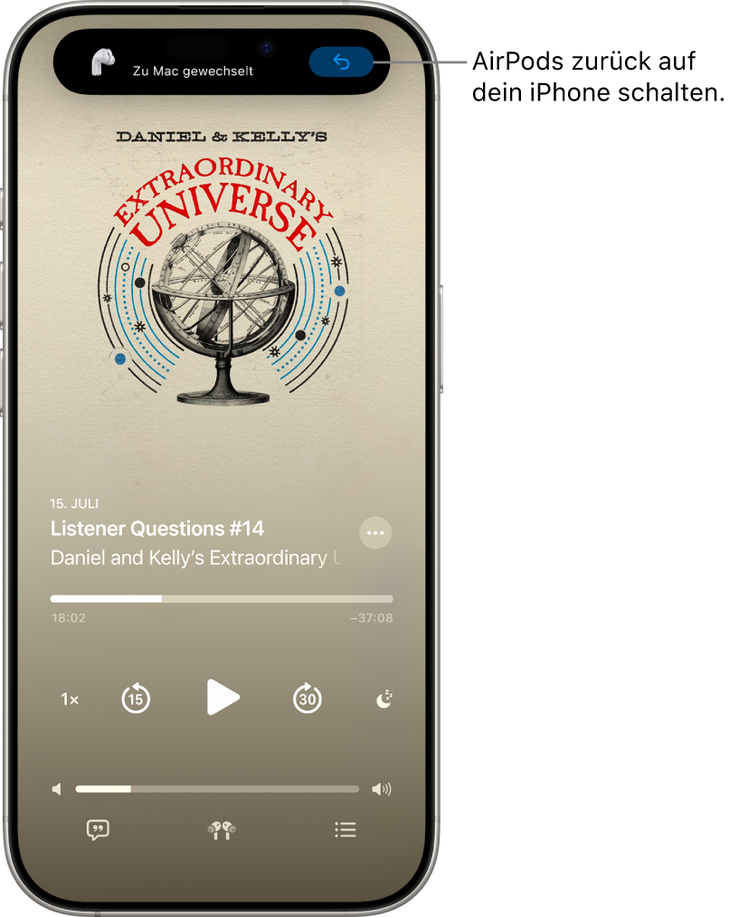 Der Sperrbildschirm auf dem iPhone mit dem Hinweis, dass zum Mac gewechselt wurde, sowie eine Taste, mit der die AirPods wieder zum iPhone zurück wechseln.