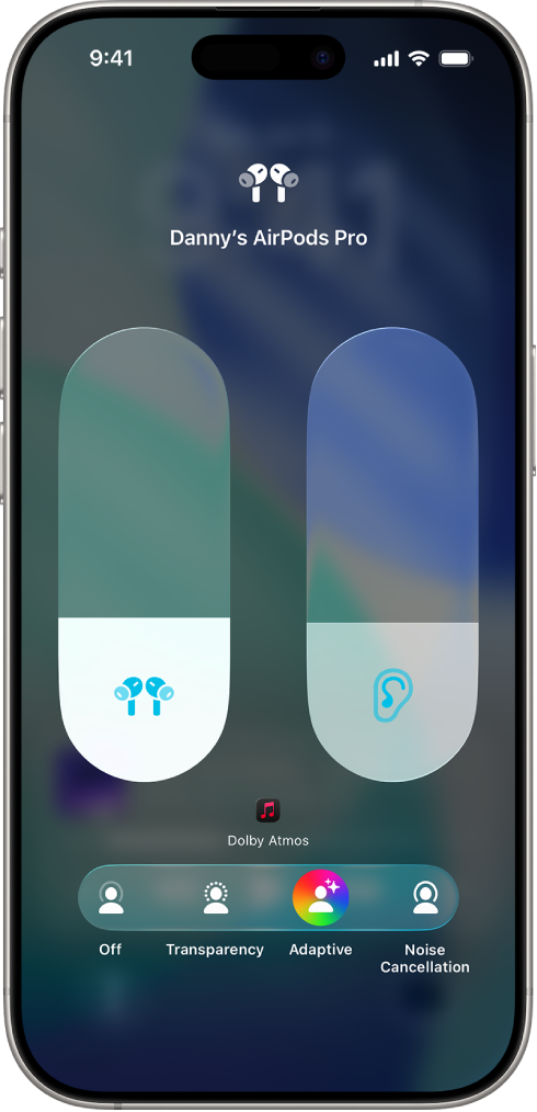 The volume screen in Control Center showing the volume level for AirPods Pro. Below the volume indicator on the left are the different listening modes—Off, Transparency, Adaptive, and Noise Cancellation. Adaptive Audio is selected.