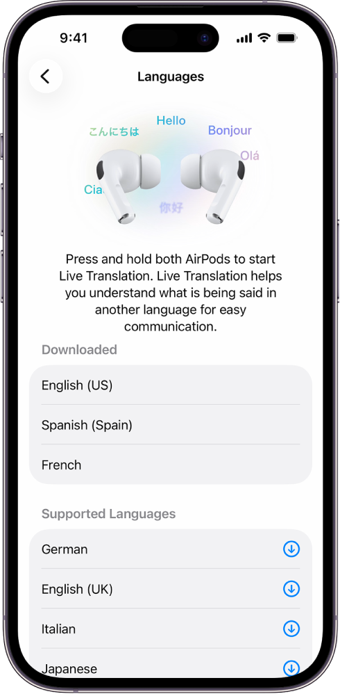 The Languages screen in AirPods Translate settings showing a list of downloaded and supported languages.