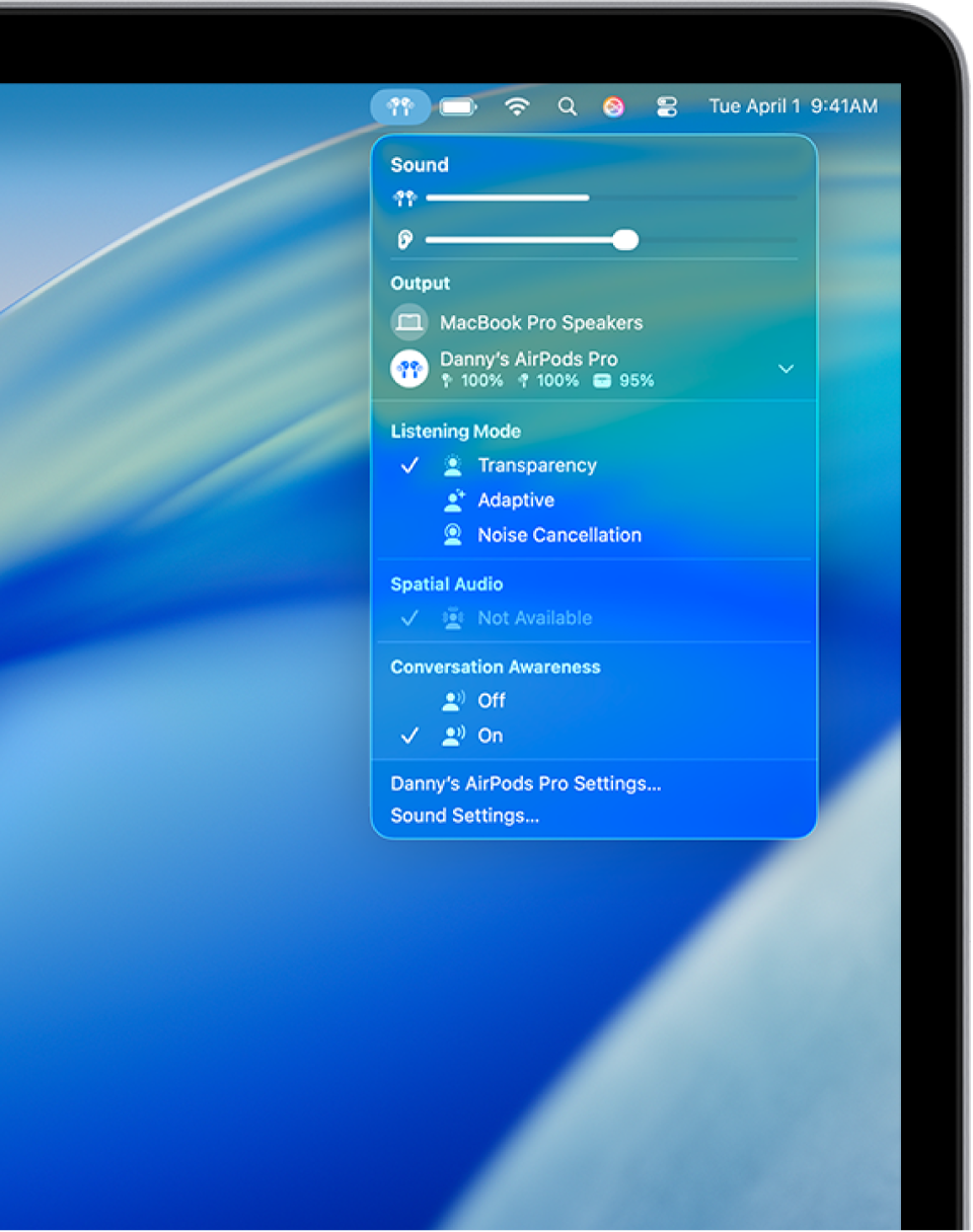 The AirPods icon is selected in the upper right of the menu bar on Mac. For AirPods Pro, Transparency is selected below Noise Control and Conversation Awareness is on.