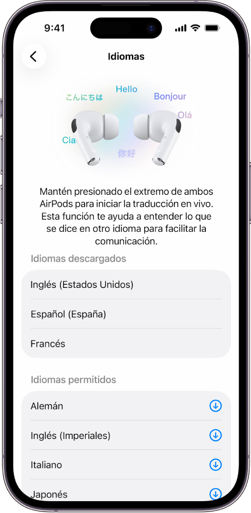 La pantalla Idiomas en la configuración de traducción de los AirPods muestra una lista de los idiomas descargados y compatibles.