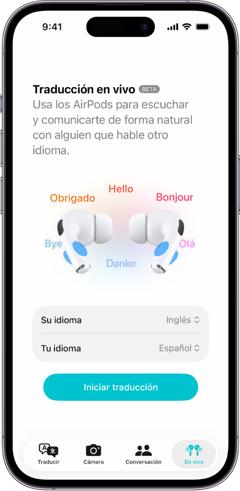 La app Traducir en el iPhone mostrando la pantalla de traducción en vivo. La pantalla muestra dos menús desplegable para elegir tu idioma y el de la otra persona, así como un botón para iniciar la traducción en vivo.