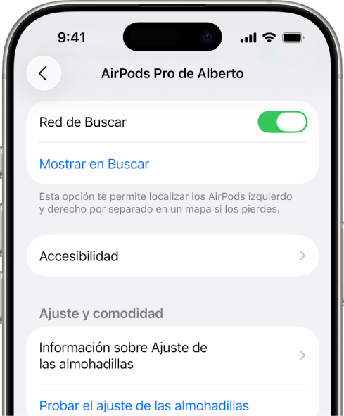 Ajustes de Bluetooth en un iPhone que muestra las opciones para los AirPods Pro. La opción “Red de Buscar” está activada, lo que permite que los AirPods se muestren por separado en un mapa si se pierden.