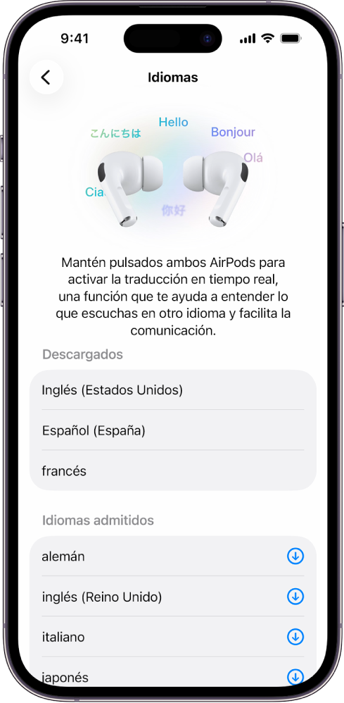 Pantalla Idiomas en los ajustes de la app Traducir de los AirPods con una lista de idiomas descargados y compatibles.