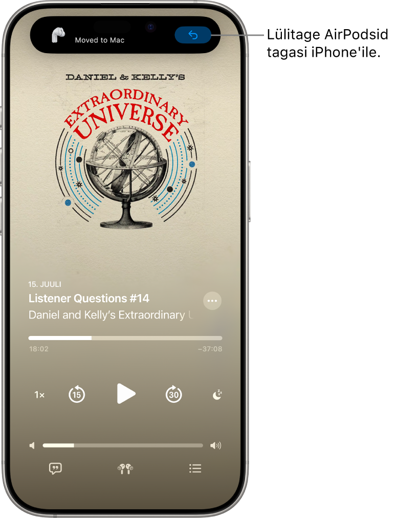 iPhone'i Lock Screen-kuva ülaosas sõnumiga “Moved to Mac” ning nupuga AirPodside lülitamiseks tagasi iPhone'ile.