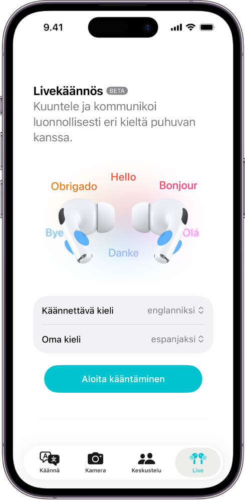 iPhonen käännösapin Livekäännös-näyttö. Näytöllä näkyy kaksi ponnahdusvalikkoa, joista voit valita toisen henkilön kielen ja oman kielesi, sekä painike, josta aloitetaan livekäännös.