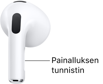 AirPods 3 -kuulokkeiden painalluksen tunnistimen kohta AirPods-kuulokkeiden varressa.