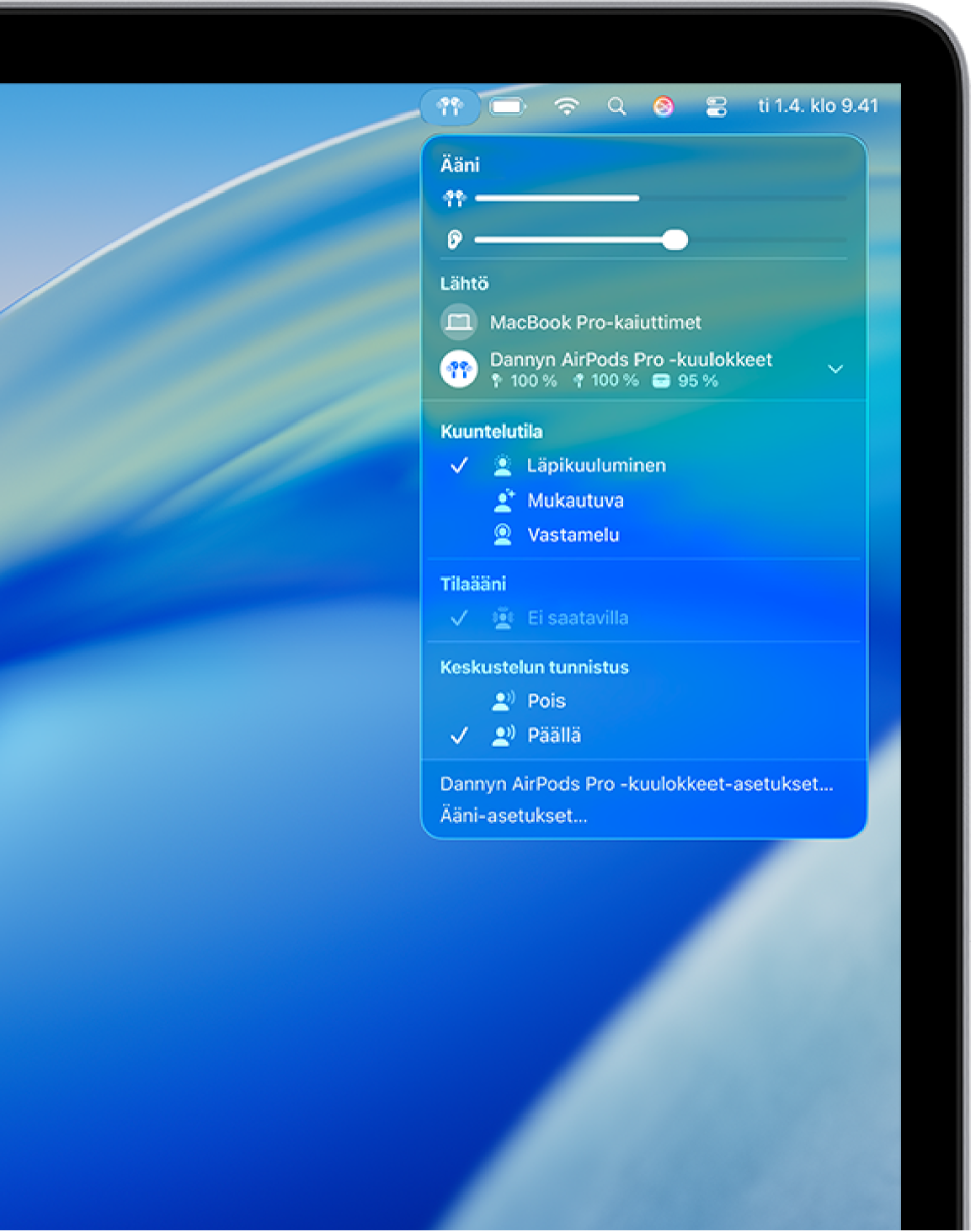 AirPods-kuvake on valittuna Macin valikkorivin oikeassa yläkulmassa. AirPods Pro ‑kuulokkeissa valitaan läpikuulumistila melunhallinnan alla ja keskustelun tunnistus on päällä.